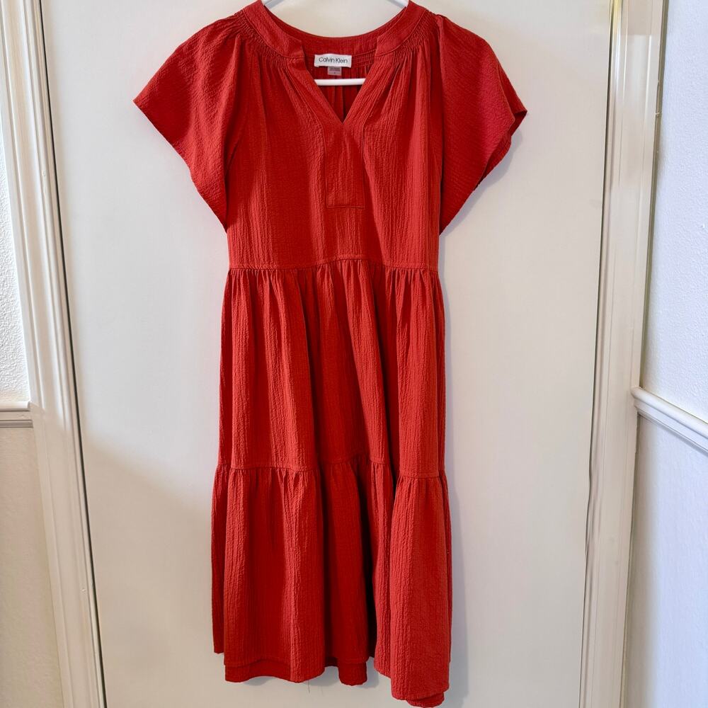 Calvin Klein Red Textured Tiered Dress Size 4 Flutter Sleeve Pockets